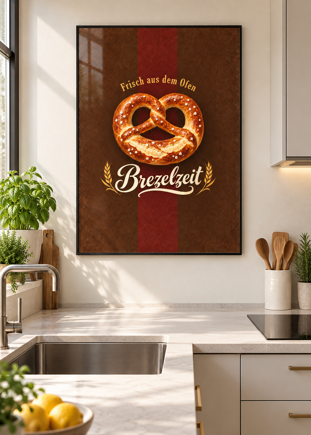 Brezelzeit – Poster im dünnen schwarzen Rahmen mit Glas in moderner Küche