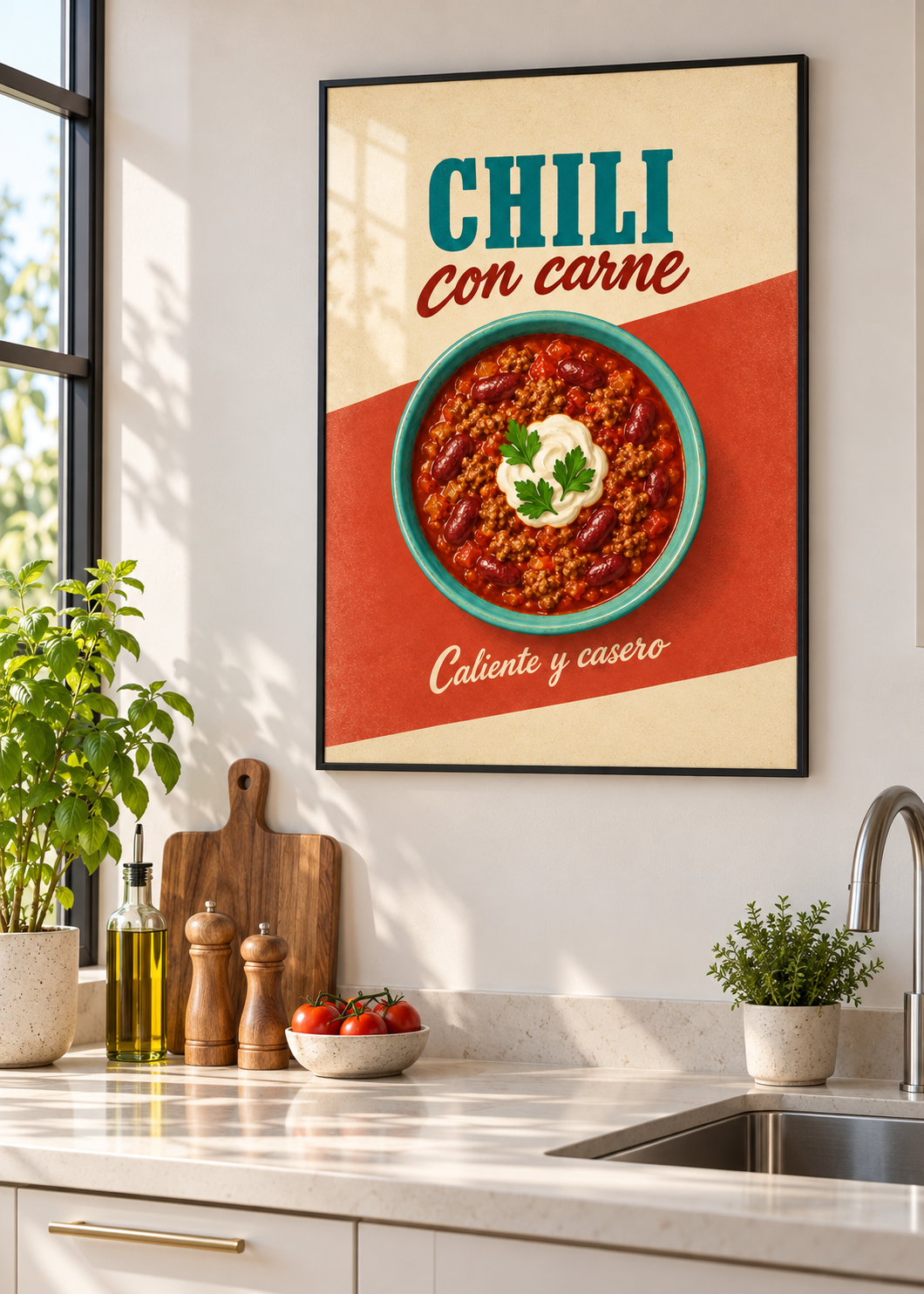 Tex-Mex Chili – Poster im dünnen schwarzen Rahmen mit Glas in moderner Küche
