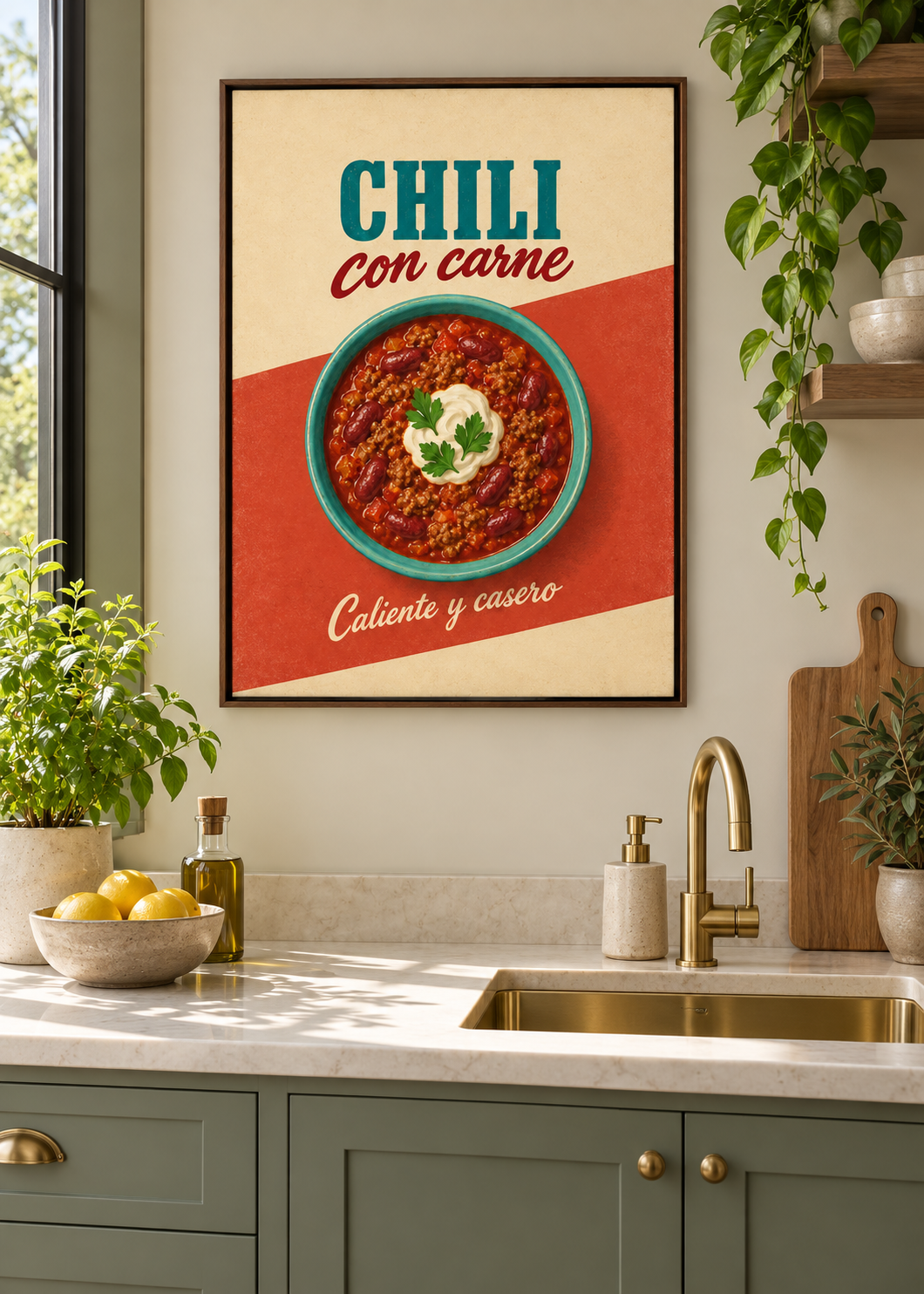 Tex-Mex Chili – matte Leinwand im braunen Schattenfugenrahmen ohne Glas in moderner Küche