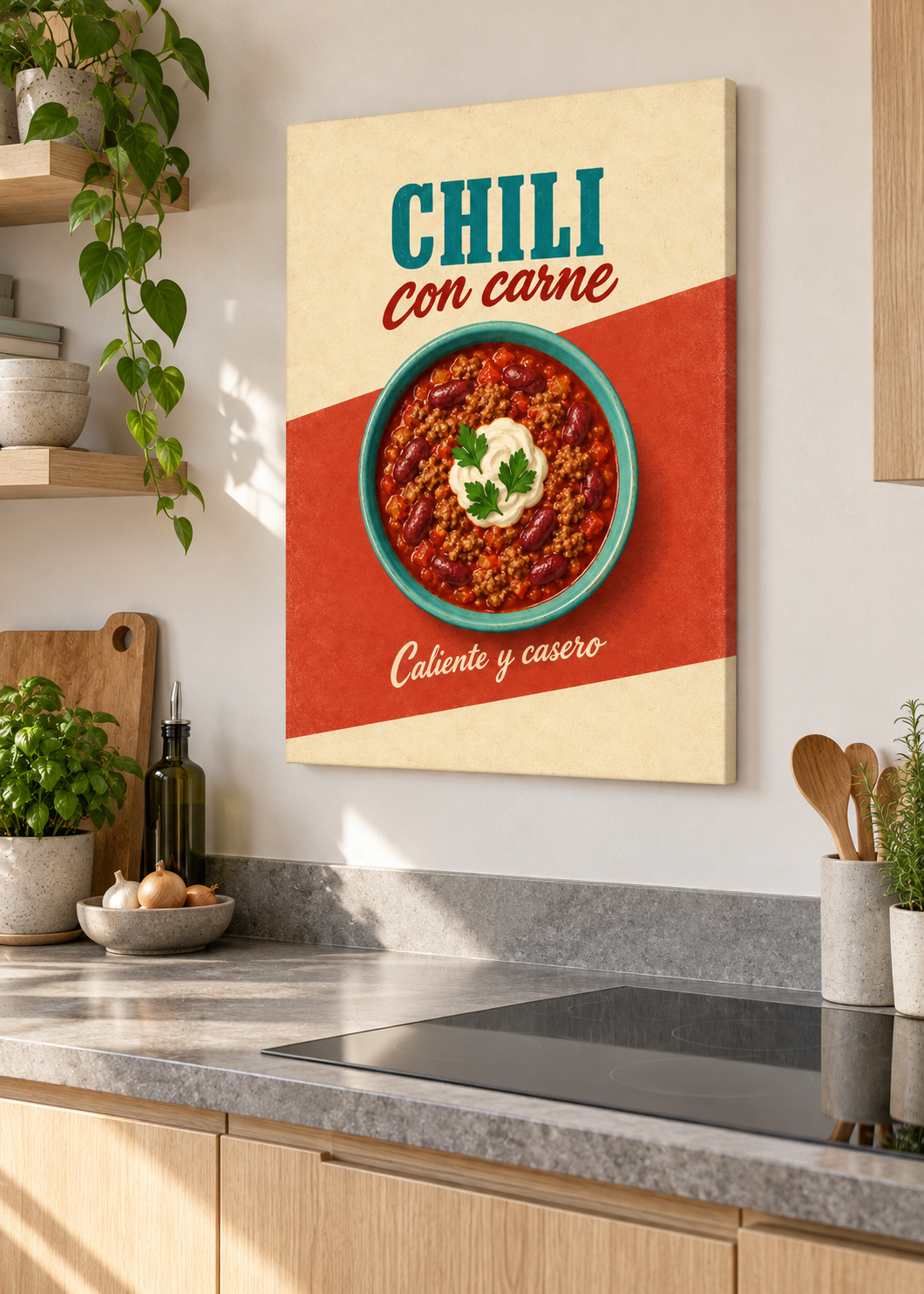Tex-Mex Chili – matte rahmenlose Slim-Leinwand in moderner Küche
