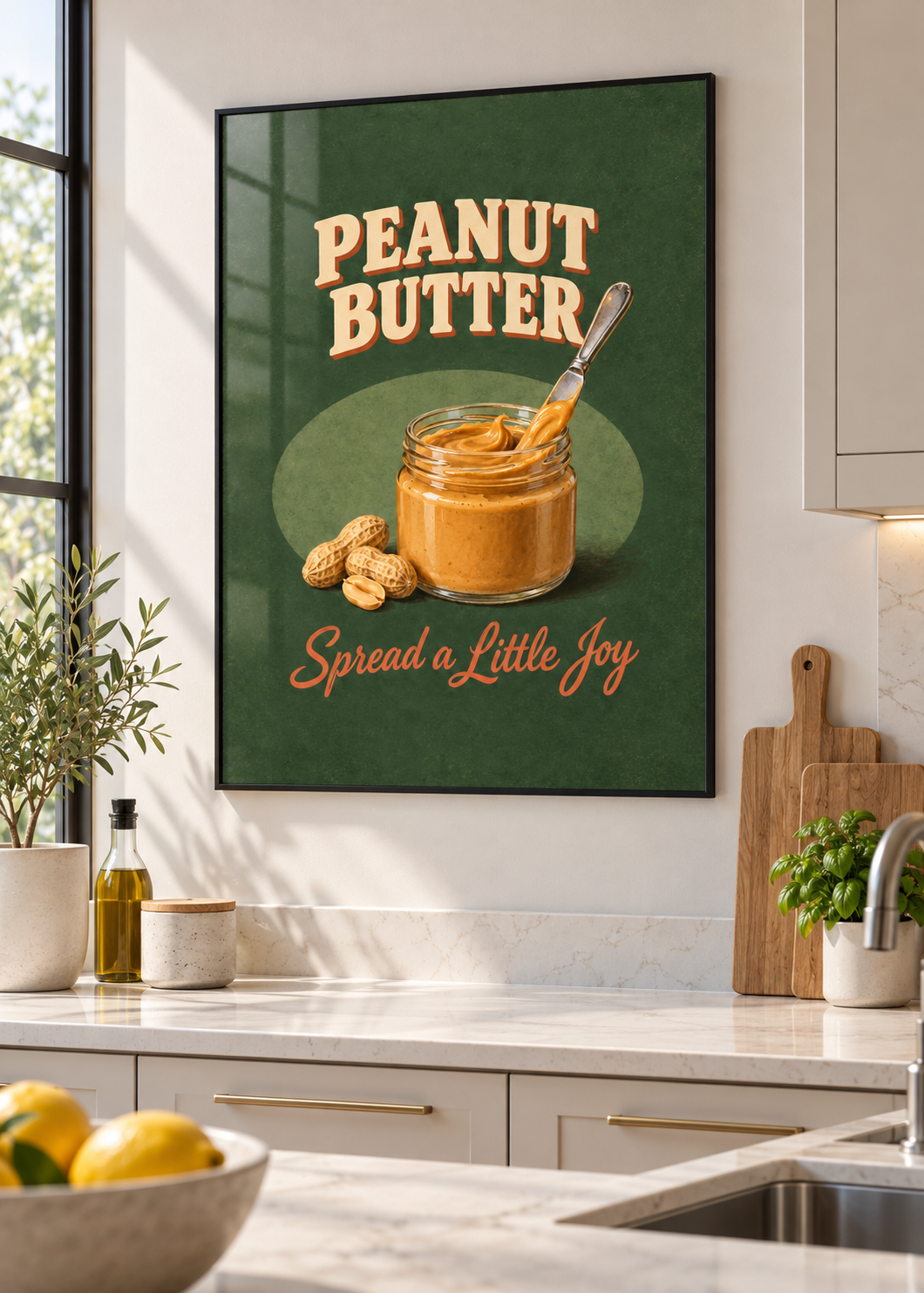Peanut Butter – Poster im dünnen schwarzen Rahmen mit Glas in moderner Küche