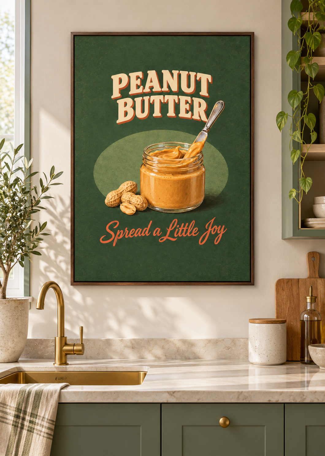 Peanut Butter – matte Leinwand im braunen Schattenfugenrahmen ohne Glas in moderner Küche