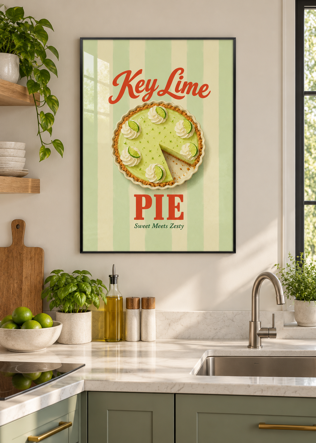 Key Lime Pie – Poster im dünnen schwarzen Rahmen mit Glas in moderner Küche