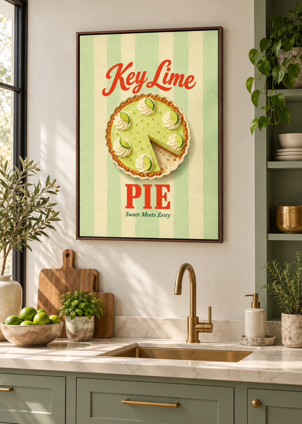 Key Lime Pie – matte Leinwand im braunen Schattenfugenrahmen ohne Glas in moderner Küche