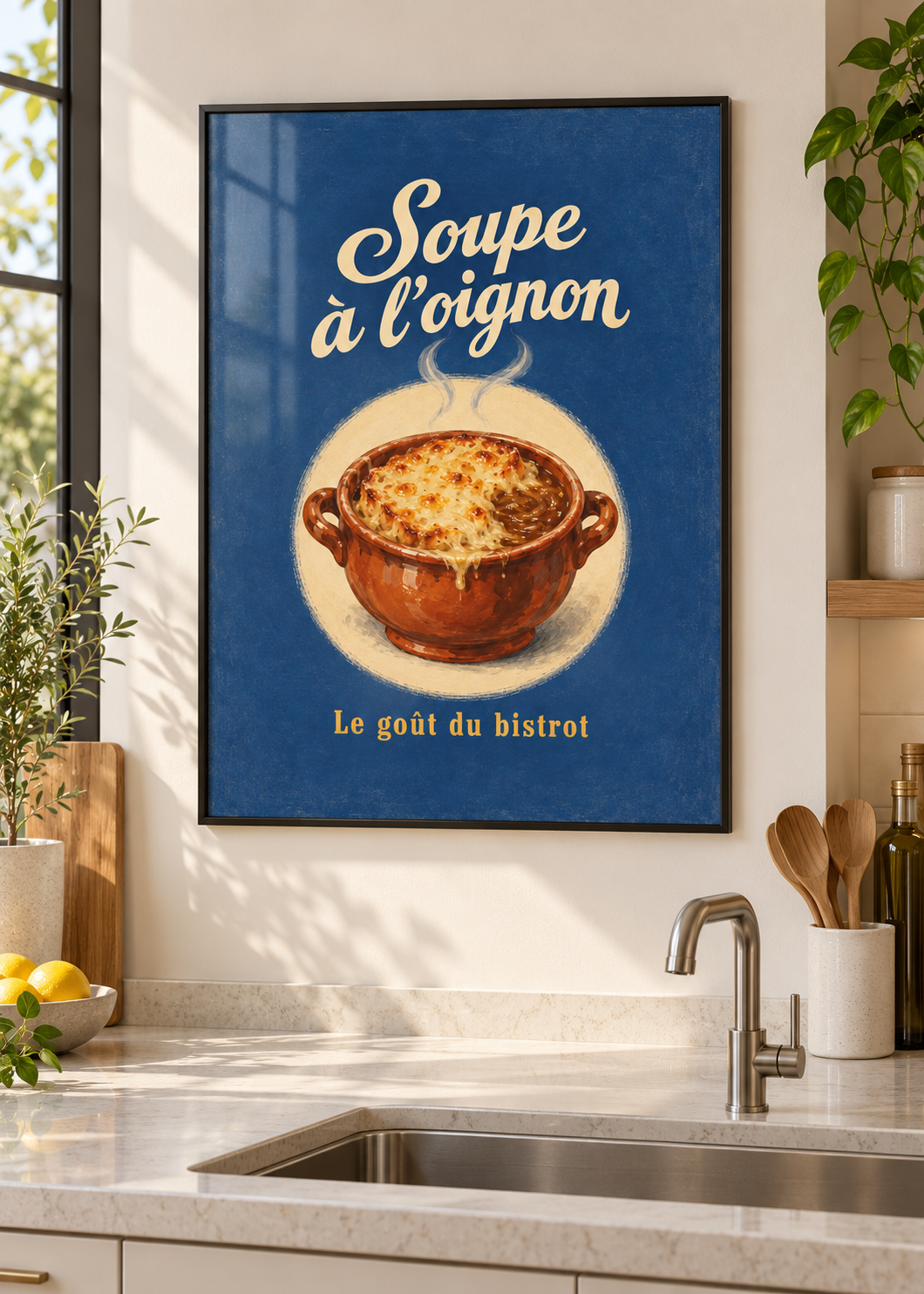Soupe à l’Oignon – Poster im dünnen schwarzen Rahmen mit Glas in moderner Küche