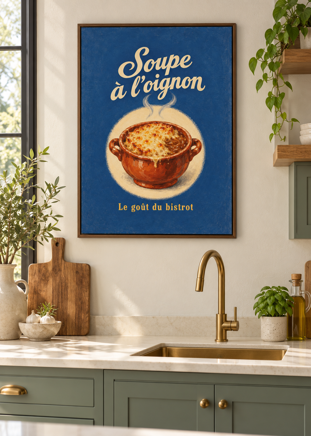 Soupe à l’Oignon – matte Leinwand im braunen Schattenfugenrahmen ohne Glas in moderner Küche
