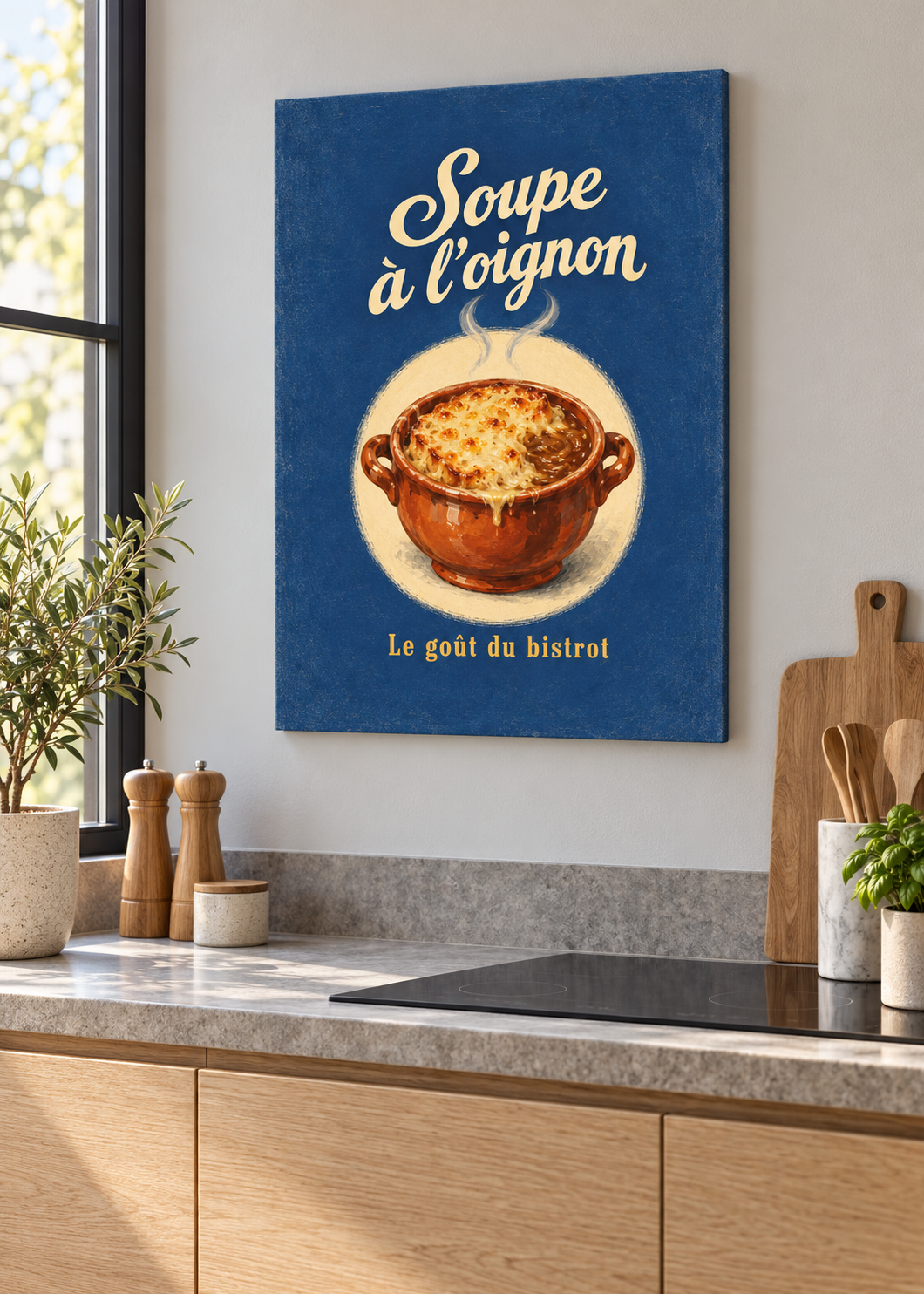 Soupe à l’Oignon – matte rahmenlose Slim-Leinwand in moderner Küche
