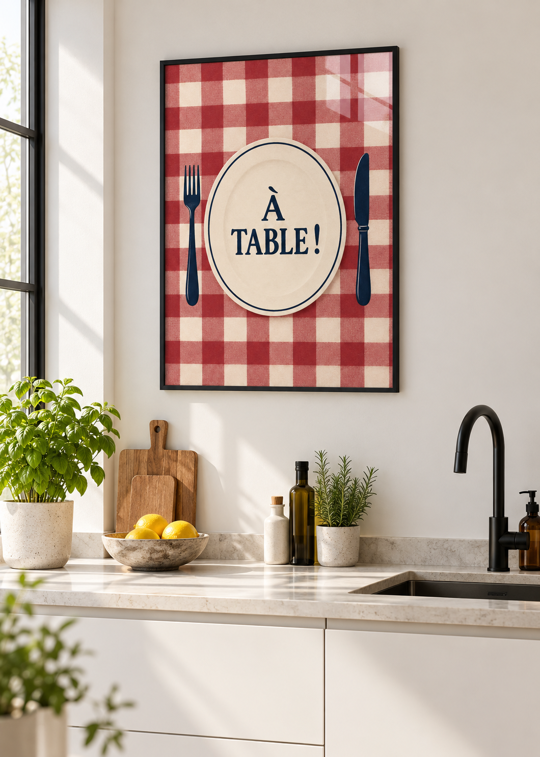 À Table! – Poster mit schwarzem Rahmen und Glas in moderner Küche