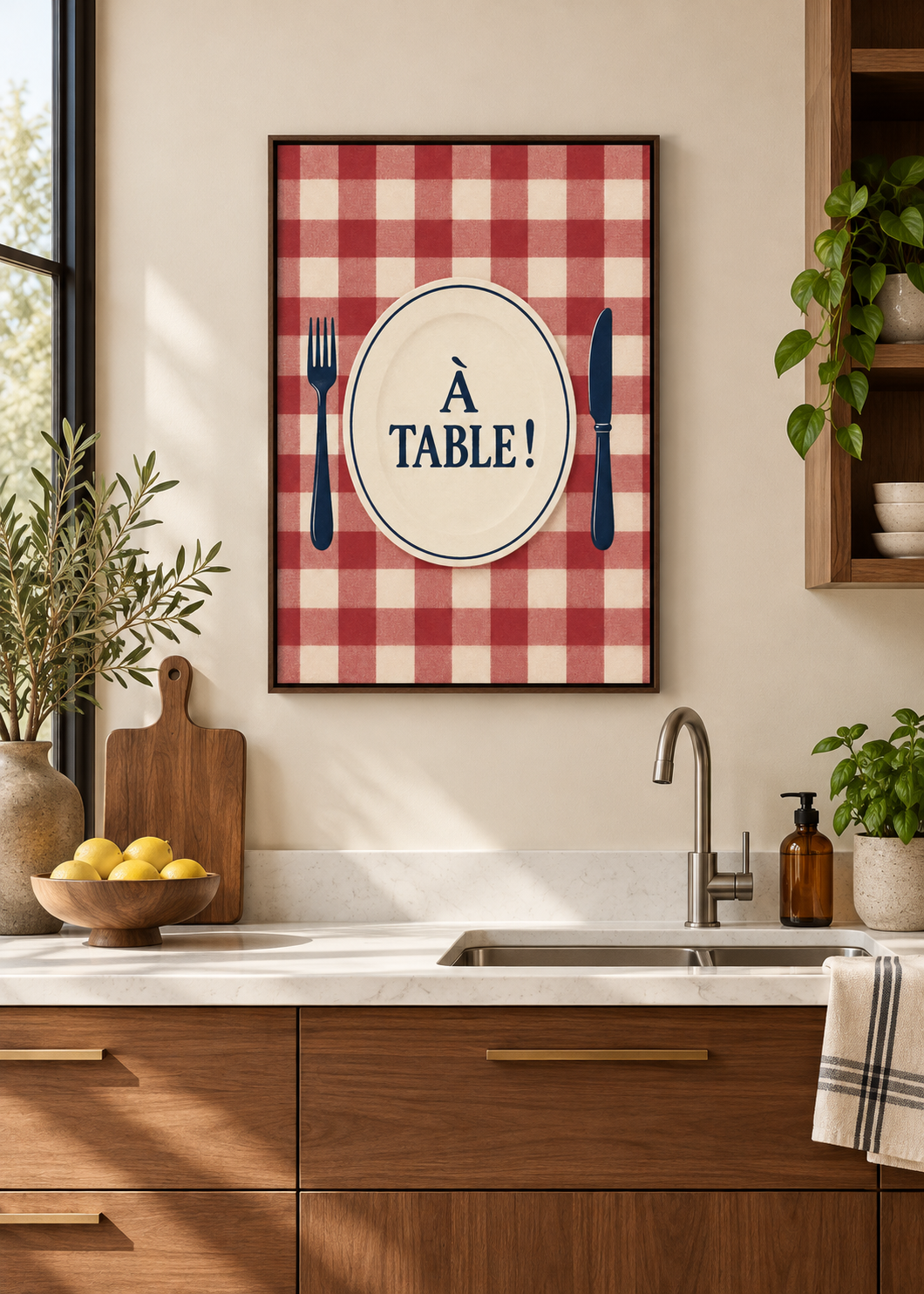 À Table! – Leinwand mit braunem Schattenfugenrahmen in moderner Küche