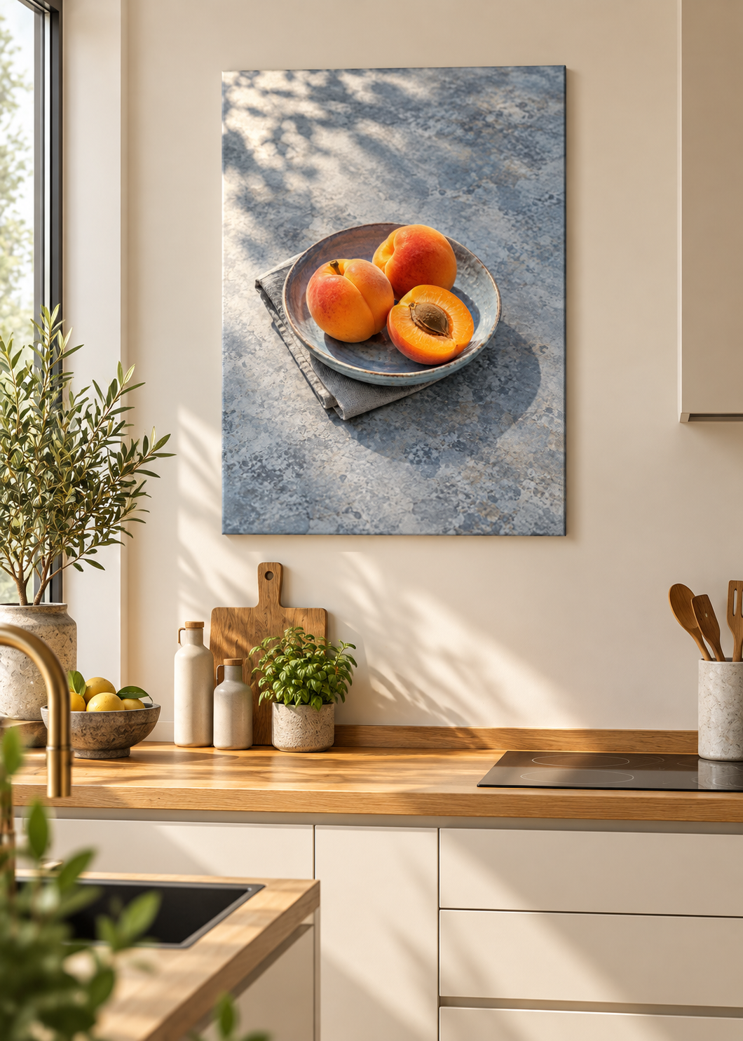Aprikosen – Ungerahmte matte Leinwand Slim in moderner Küche