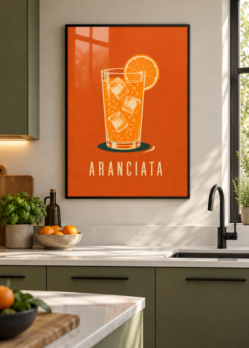 Aranciata – Poster mit schwarzem Rahmen und Glas in moderner Küche