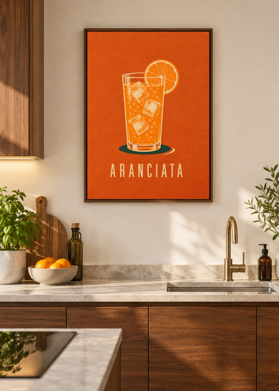 Aranciata – Leinwand mit braunem Schattenfugenrahmen in moderner Küche
