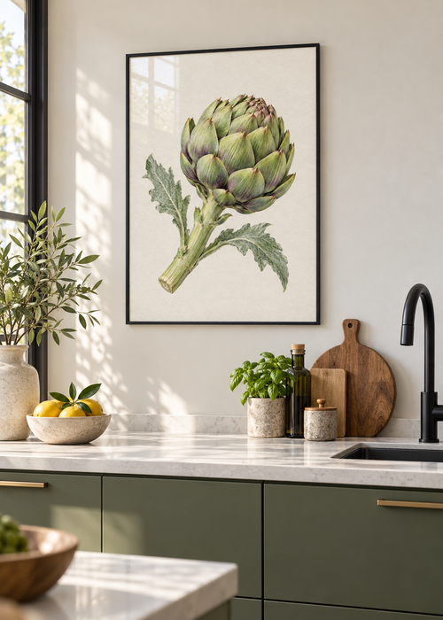 Artischocke – Poster mit schwarzem Rahmen und Glas in moderner Küche