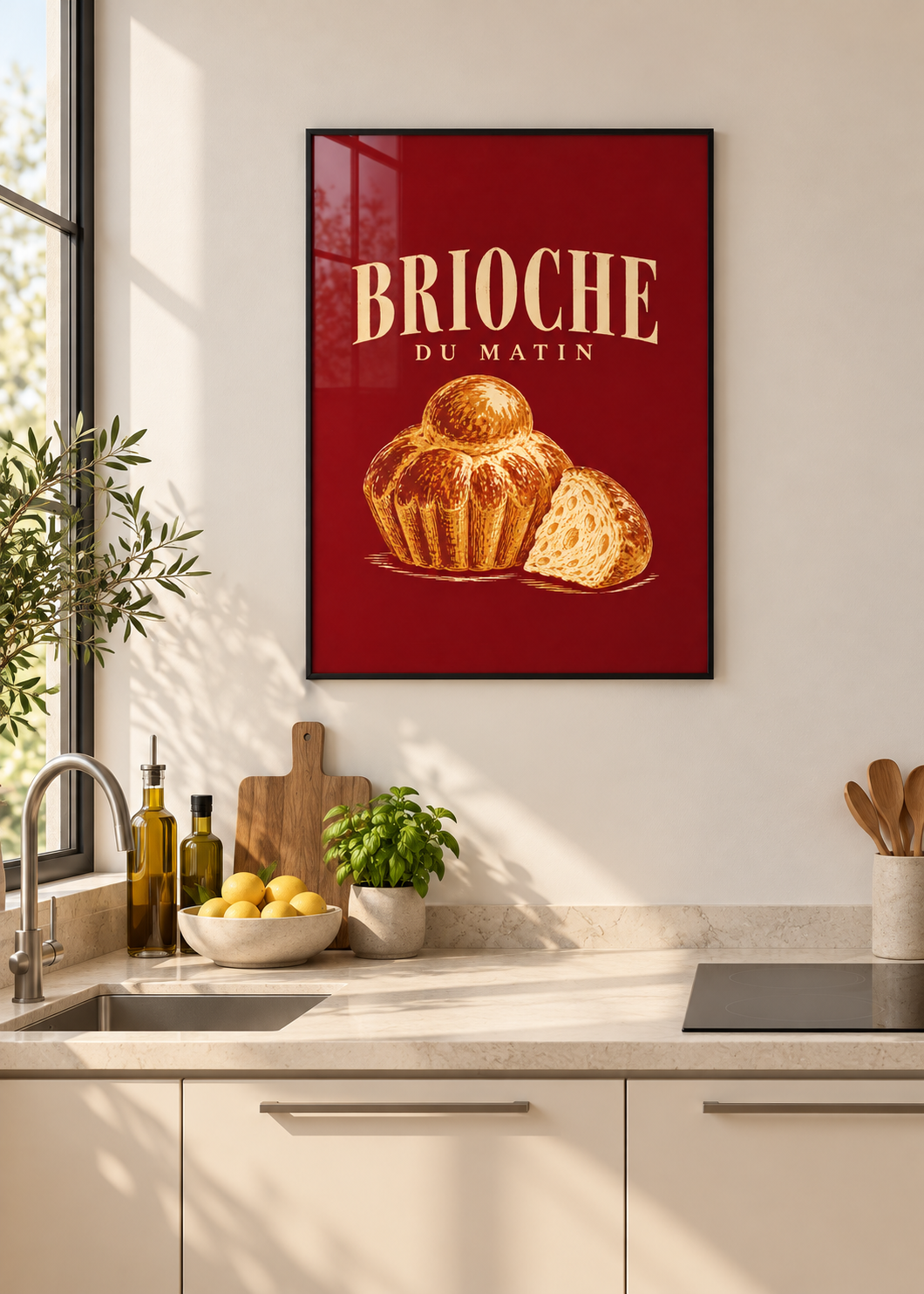 Brioche du Matin – Poster mit schwarzem Rahmen und Glas in moderner Küche