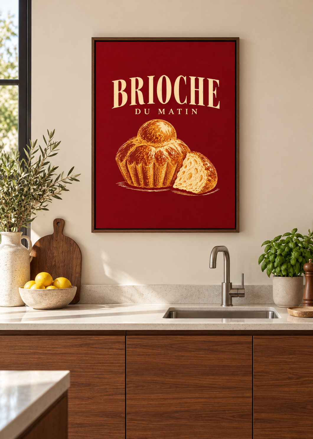 Brioche du Matin – Leinwand mit braunem Schattenfugenrahmen in moderner Küche
