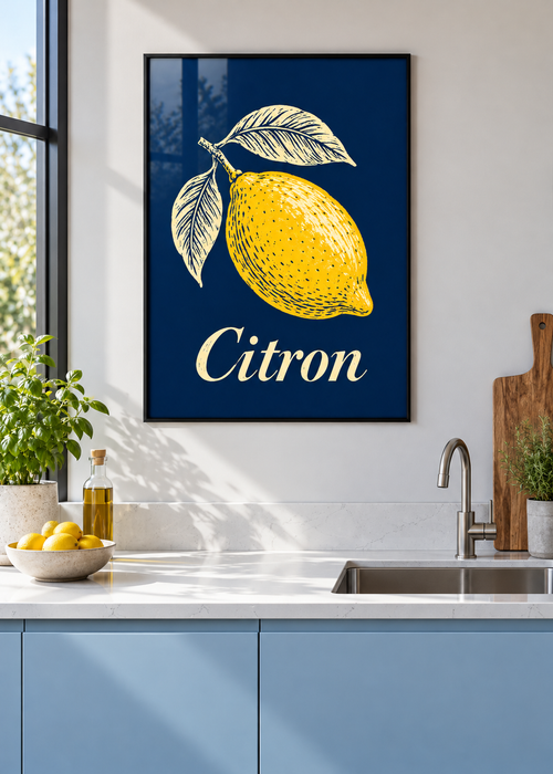 Citron – Poster mit schwarzem Rahmen und Glas in moderner Küche