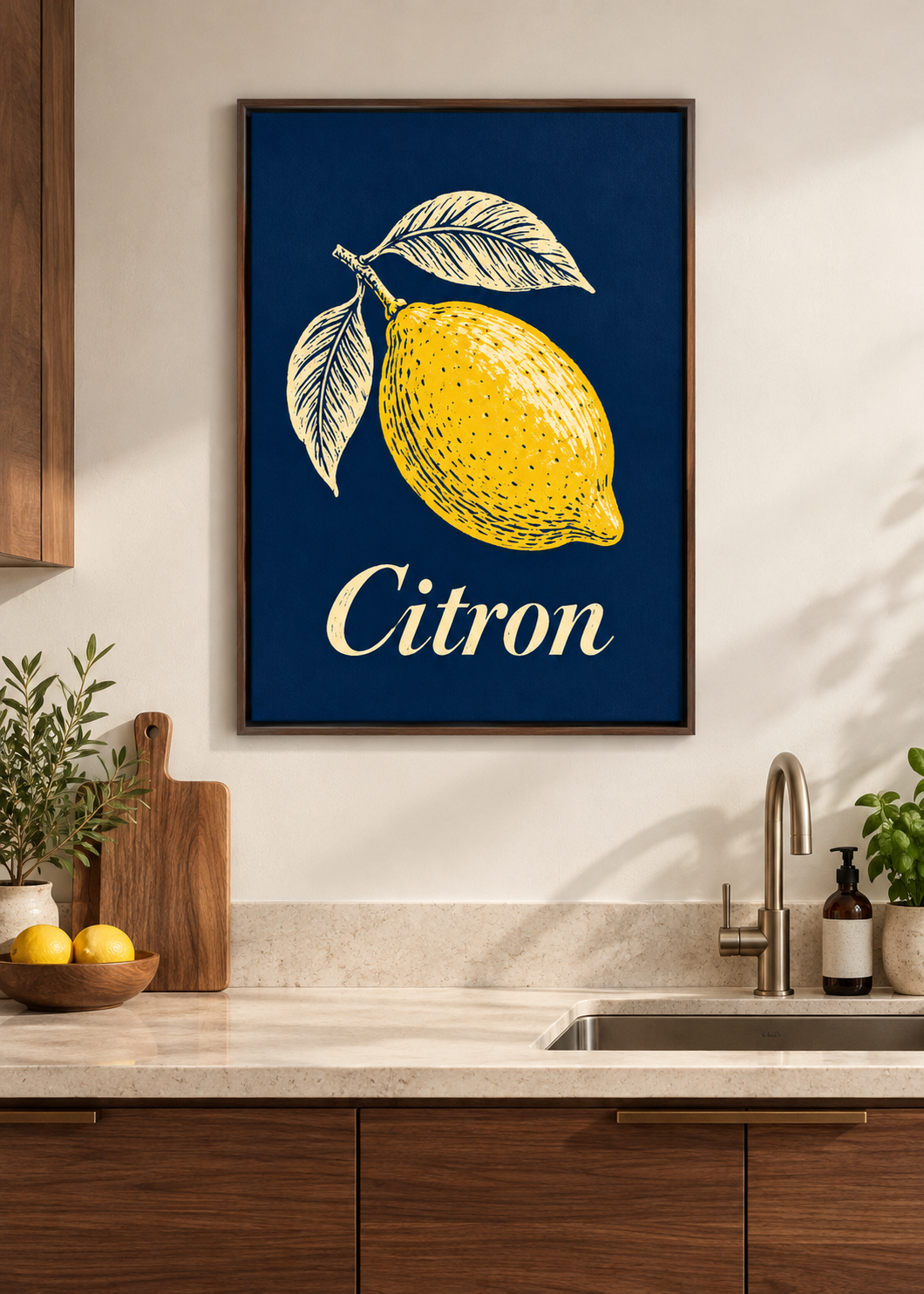 Citron – Leinwand mit braunem Schattenfugenrahmen in moderner Küche
