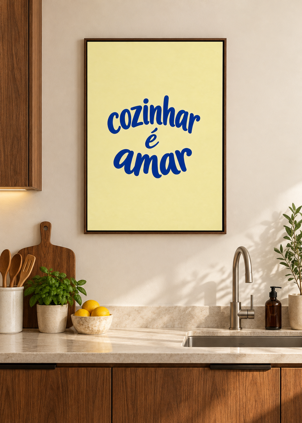 Cozinhar é Amar – Leinwand mit braunem Schattenfugenrahmen in moderner Küche