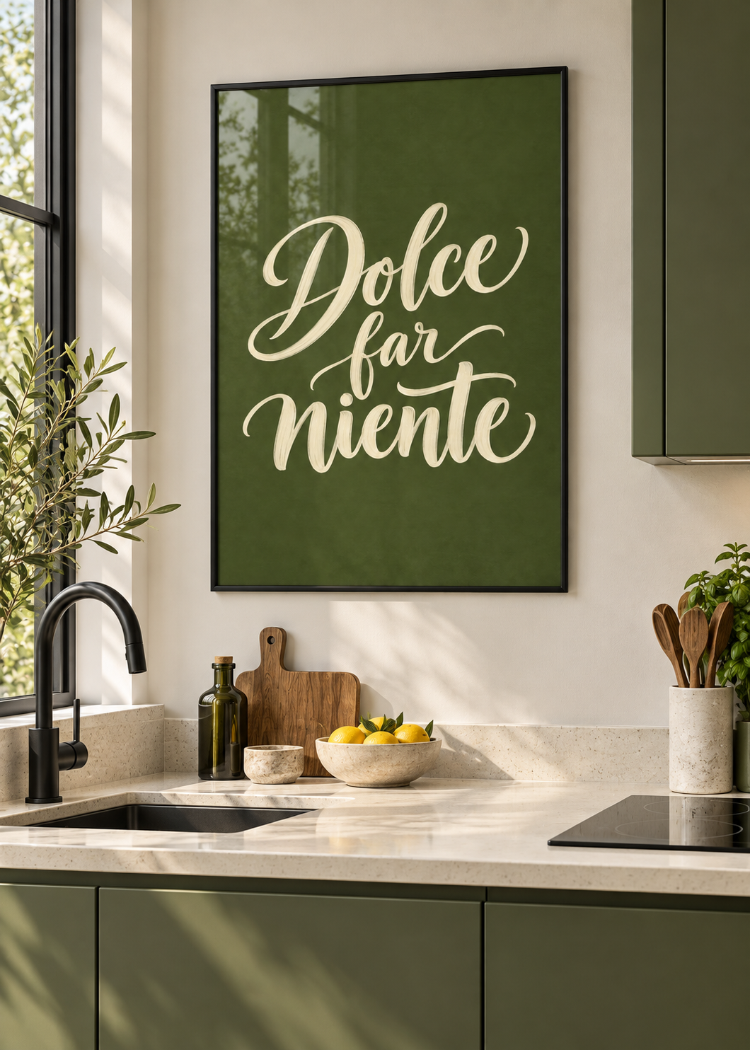 Dolce Far Niente – Poster mit schwarzem Rahmen und Glas in moderner Küche