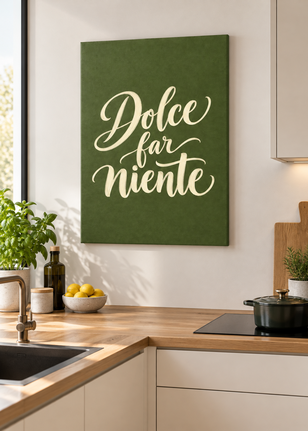 Dolce Far Niente – Ungerahmte matte Leinwand Slim in moderner Küche