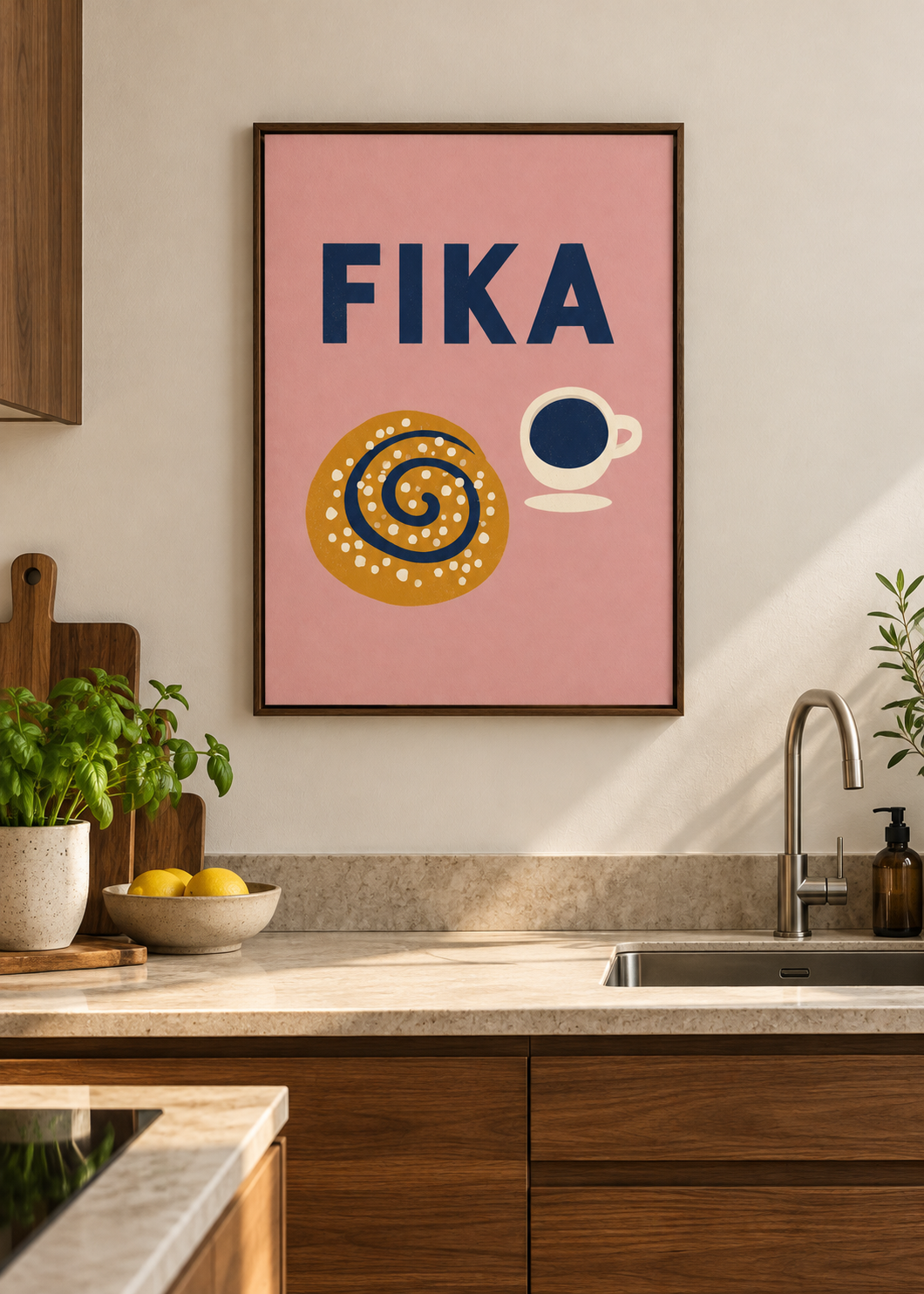 Fika – Leinwand mit braunem Schattenfugenrahmen in moderner Küche
