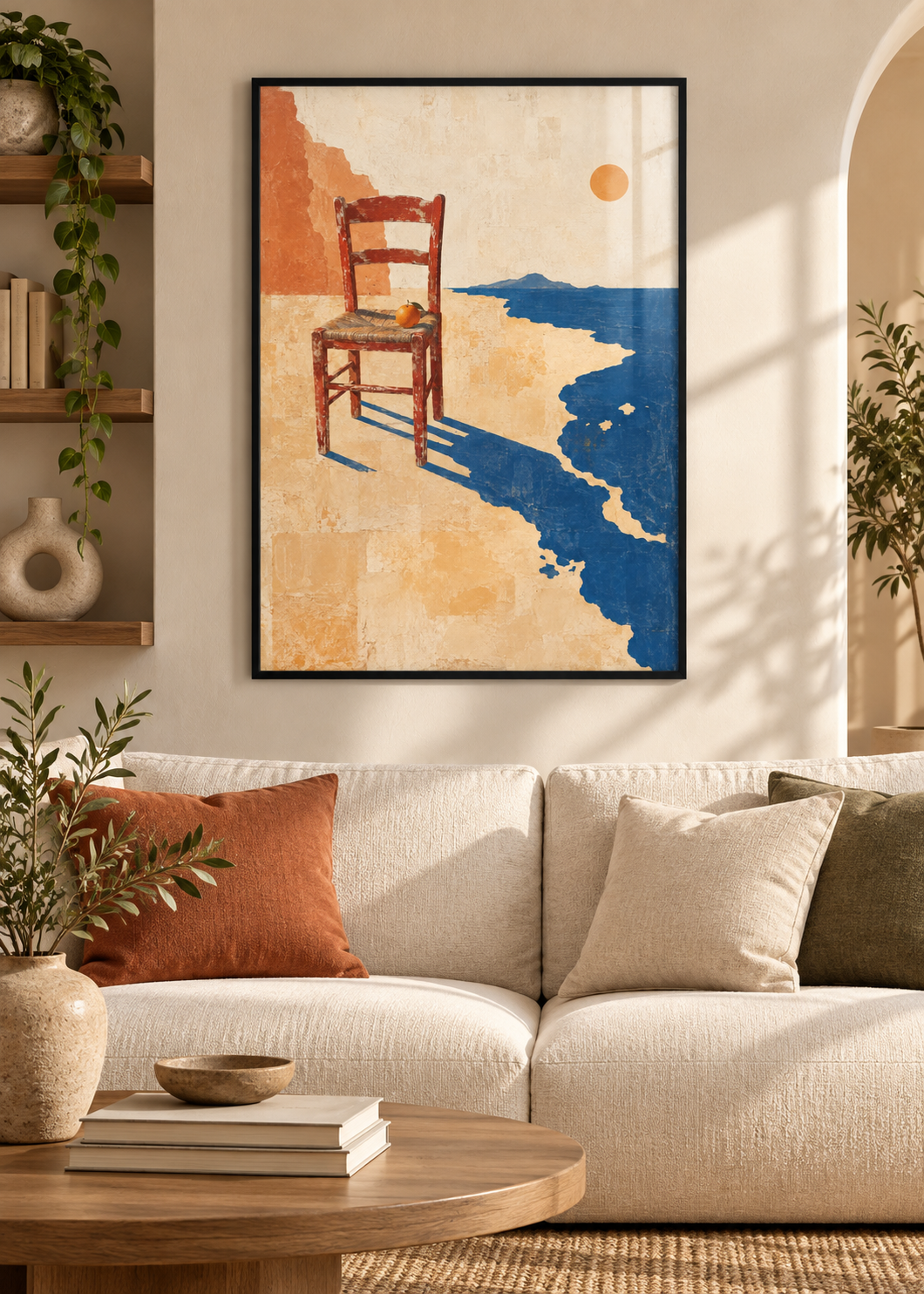 Stuhl am blauen Rand – Poster im schwarzen Holzrahmen