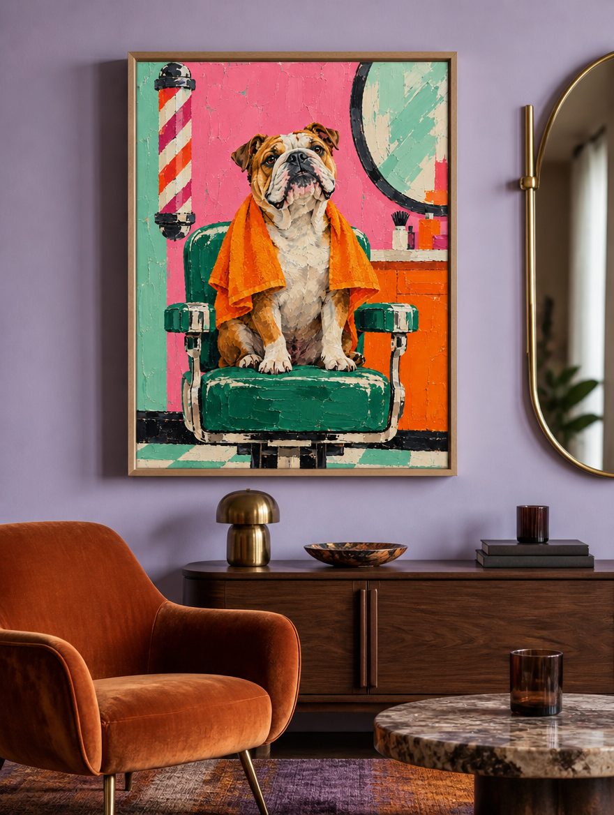 Bulldogge Mockup Leinwand mit Naturholzrahmen