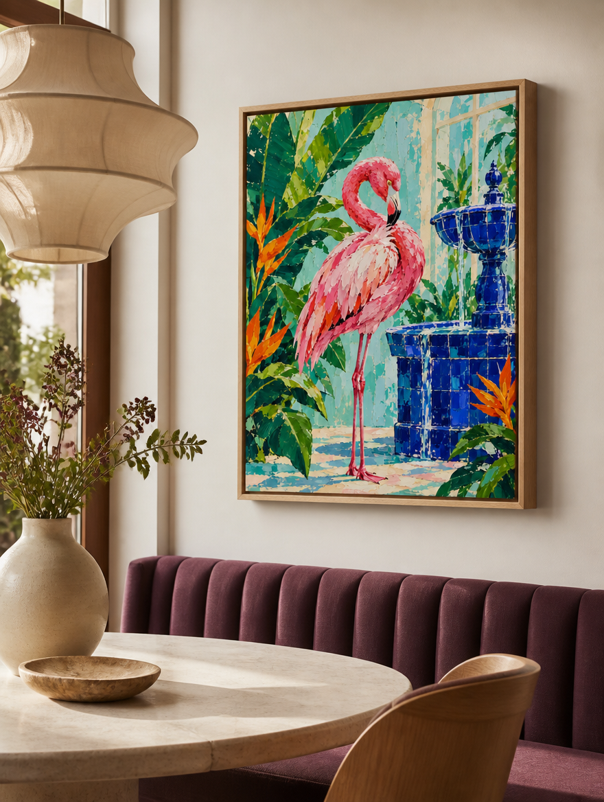 Flamingo Mockup Leinwand mit Naturholzrahmen