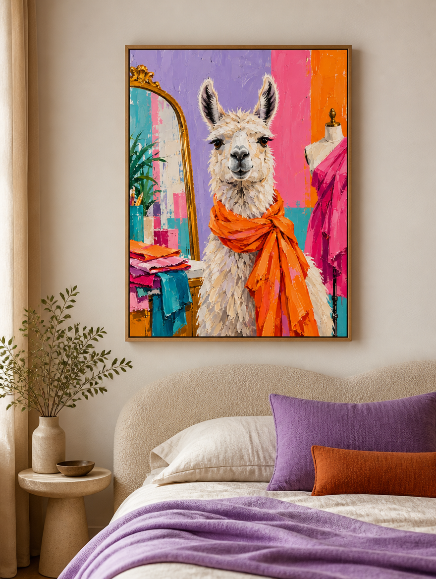 Lama Mockup Leinwand mit Naturholzrahmen