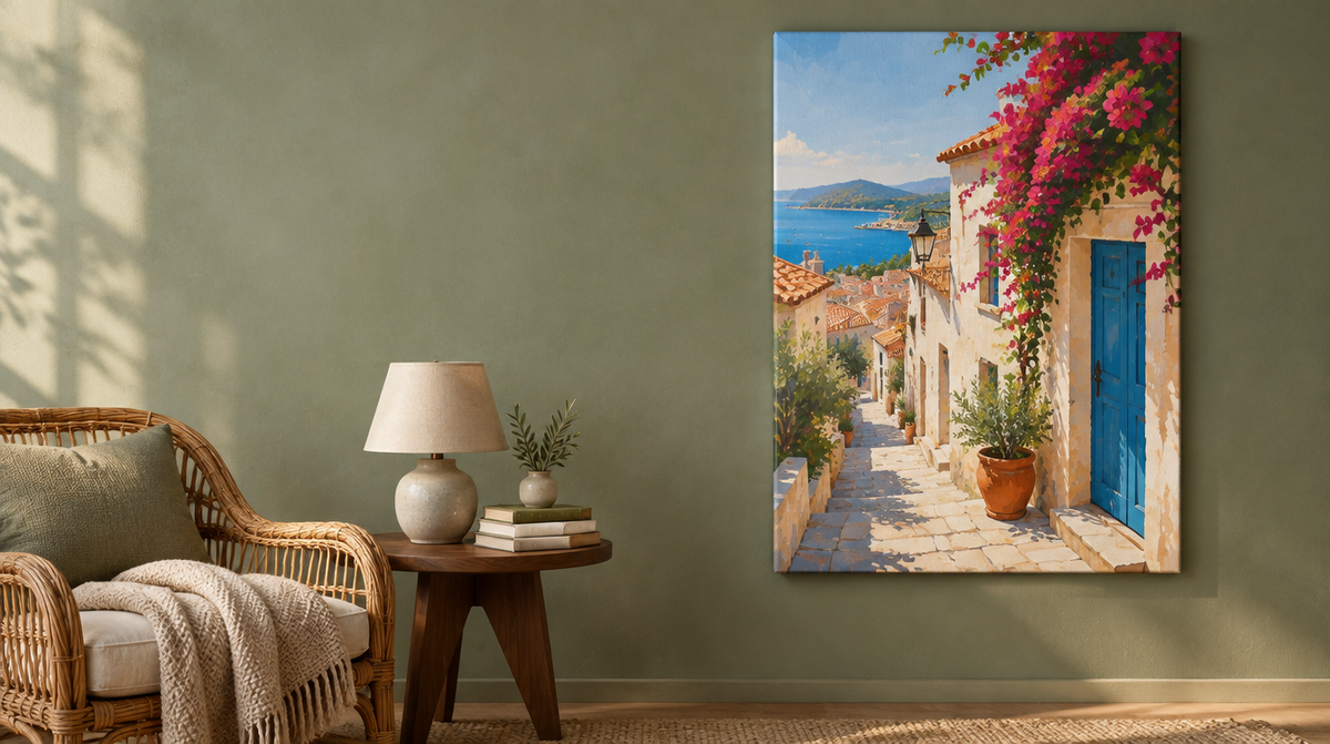 Leinwand mit mediterraner Straßenszene im Schlafzimmer