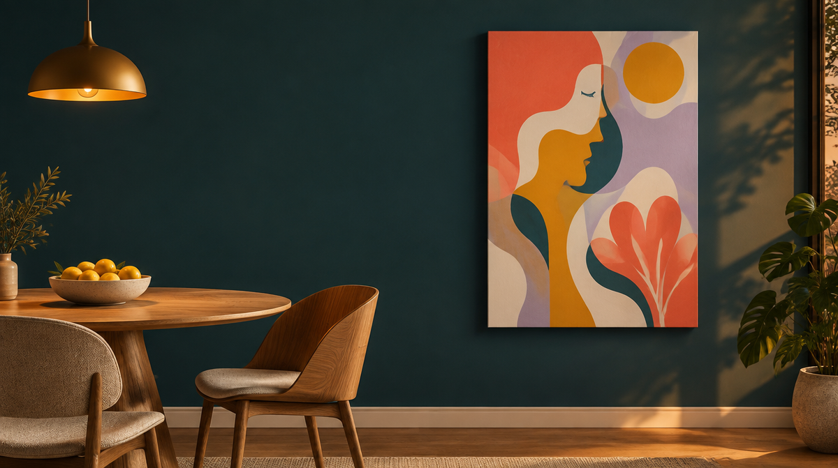 Abstrakte Pop-Art-Leinwand an einer petrolfarbenen Wand