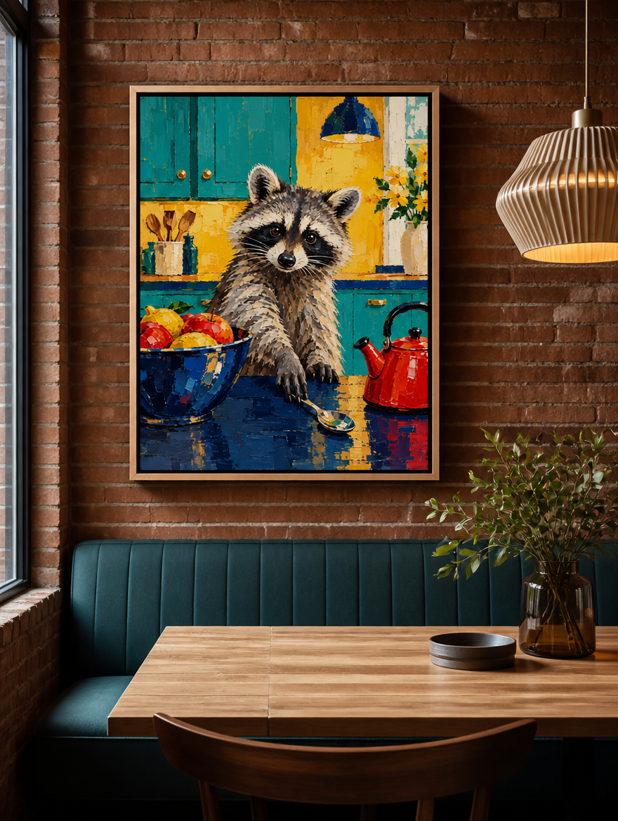 Waschbär Mockup Leinwand mit Naturholzrahmen