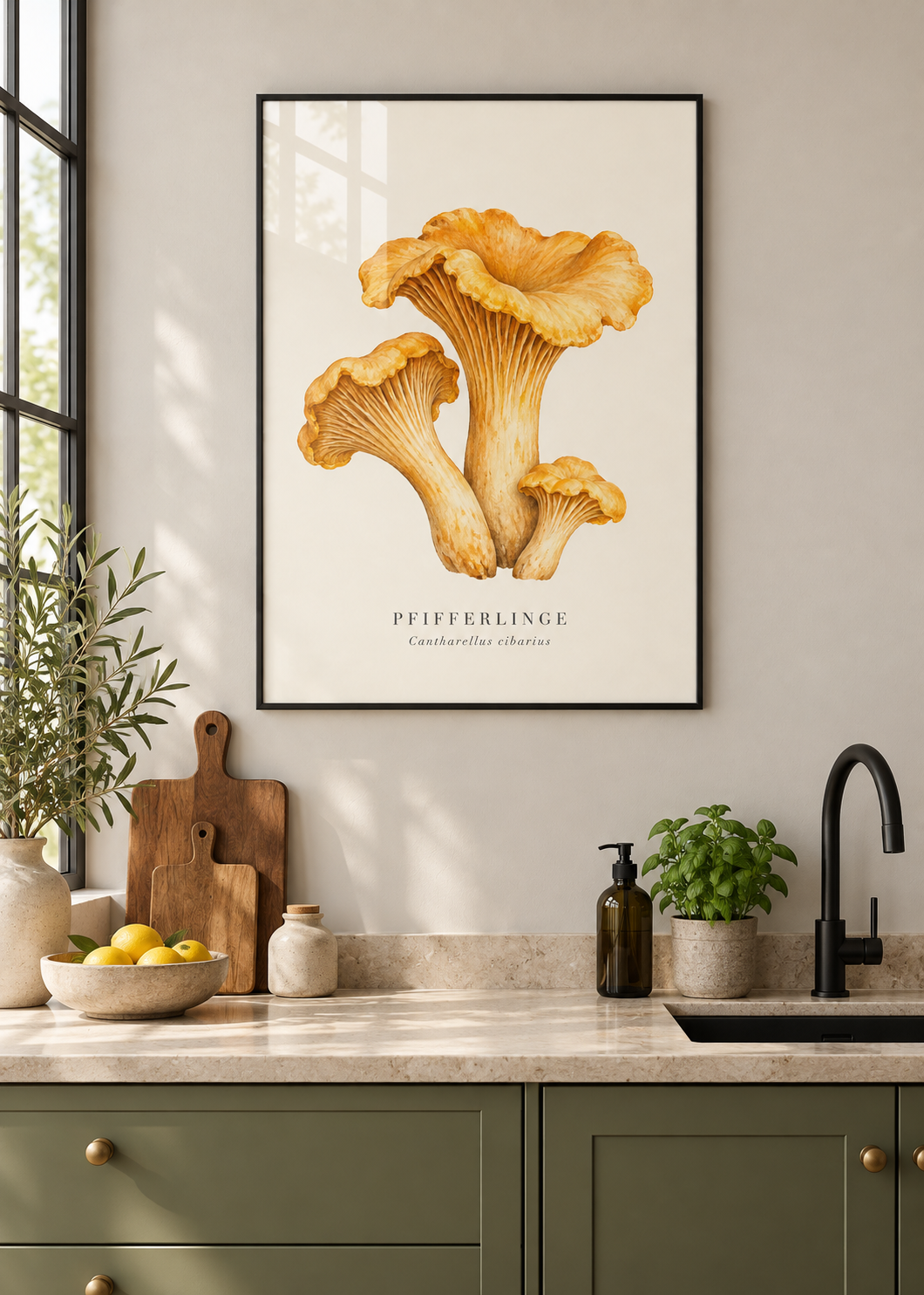 Goldene Pfifferlinge – Poster mit schwarzem Rahmen und Glas in moderner Küche