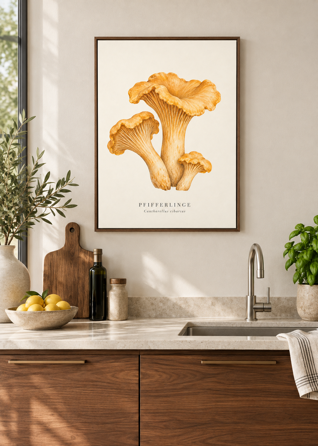 Goldene Pfifferlinge – Leinwand mit braunem Schattenfugenrahmen in moderner Küche