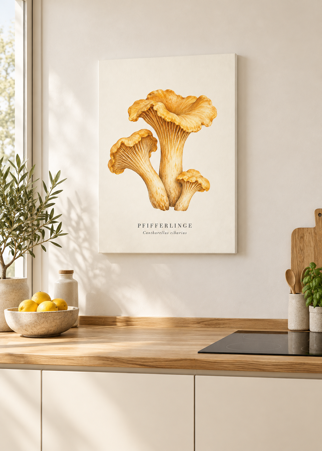 Goldene Pfifferlinge – Ungerahmte matte Leinwand Slim in moderner Küche