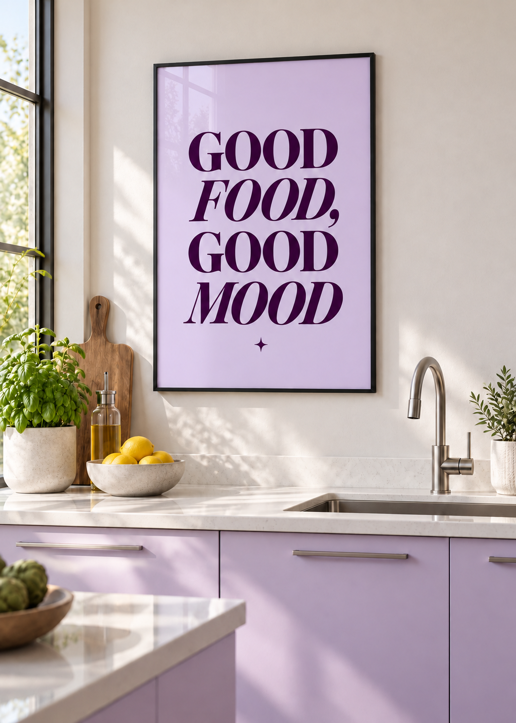 Good Food, Good Mood – Poster mit schwarzem Rahmen und Glas in moderner Küche