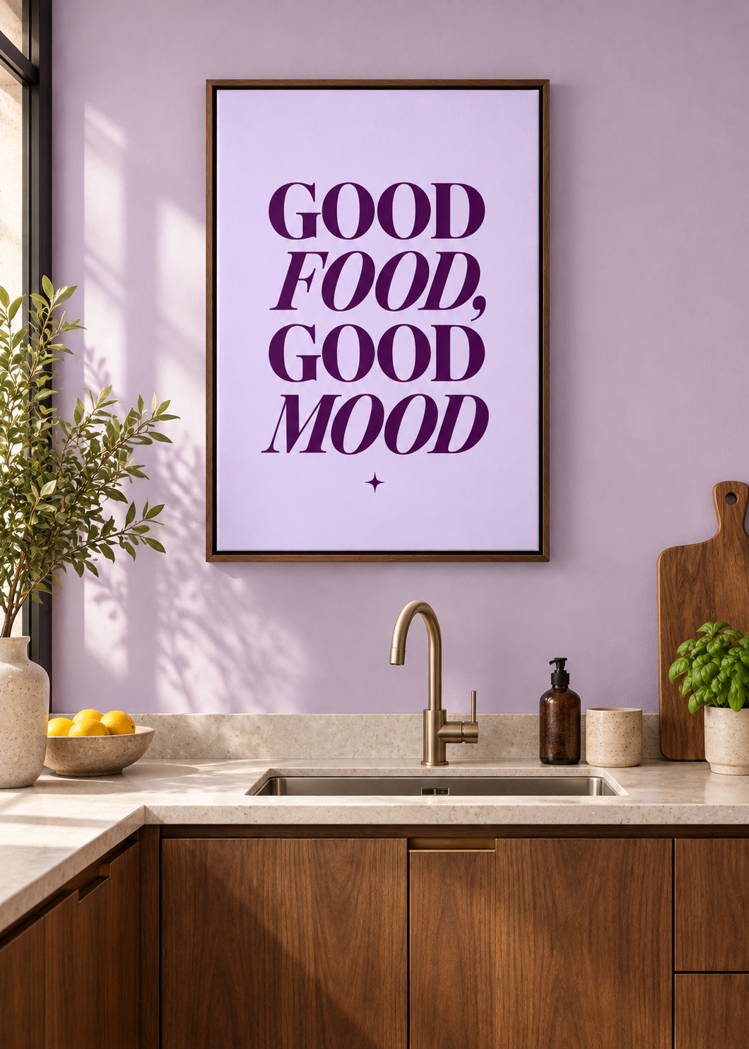 Good Food, Good Mood – Leinwand mit braunem Schattenfugenrahmen in moderner Küche