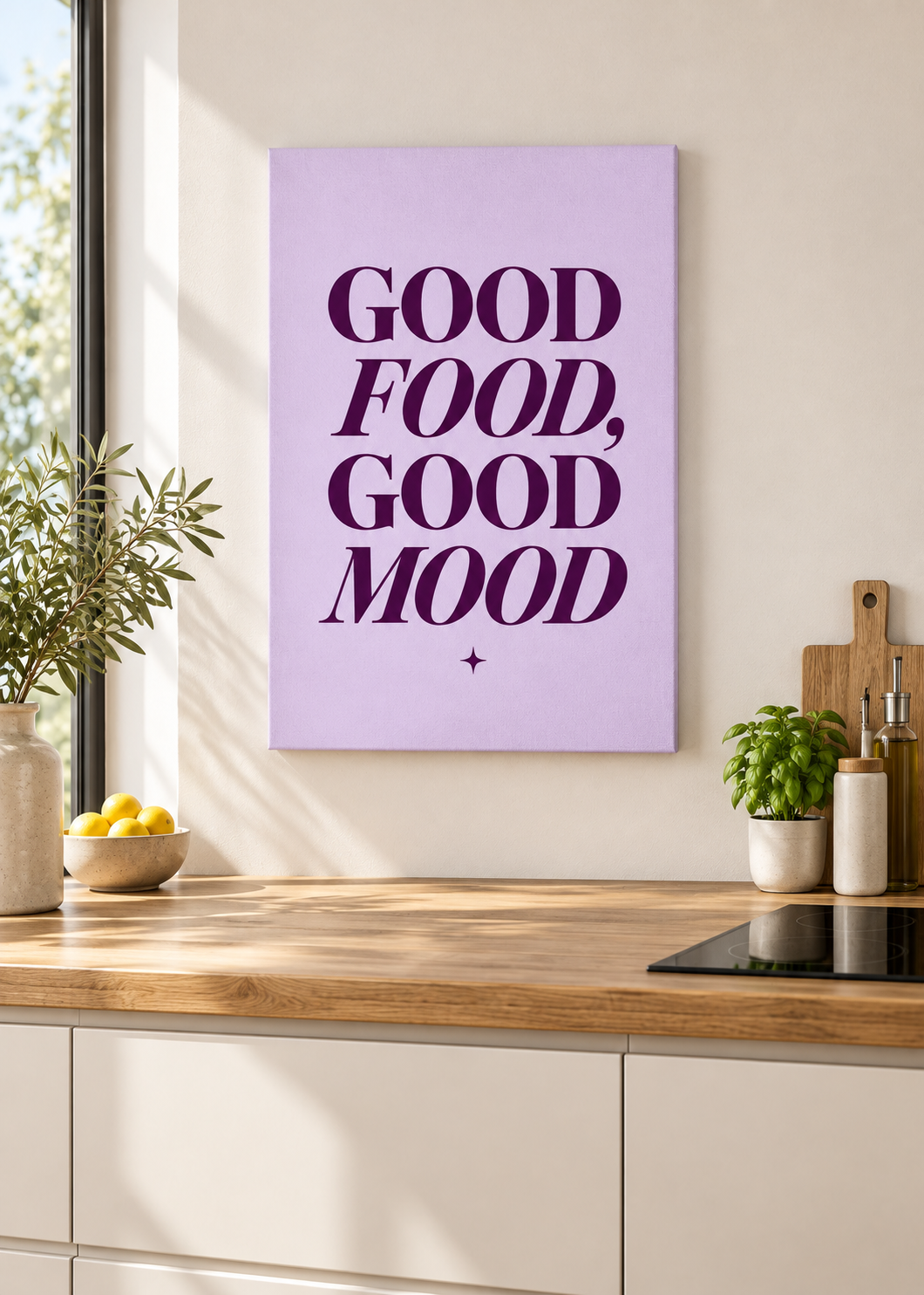 Good Food, Good Mood – Ungerahmte matte Leinwand Slim in moderner Küche