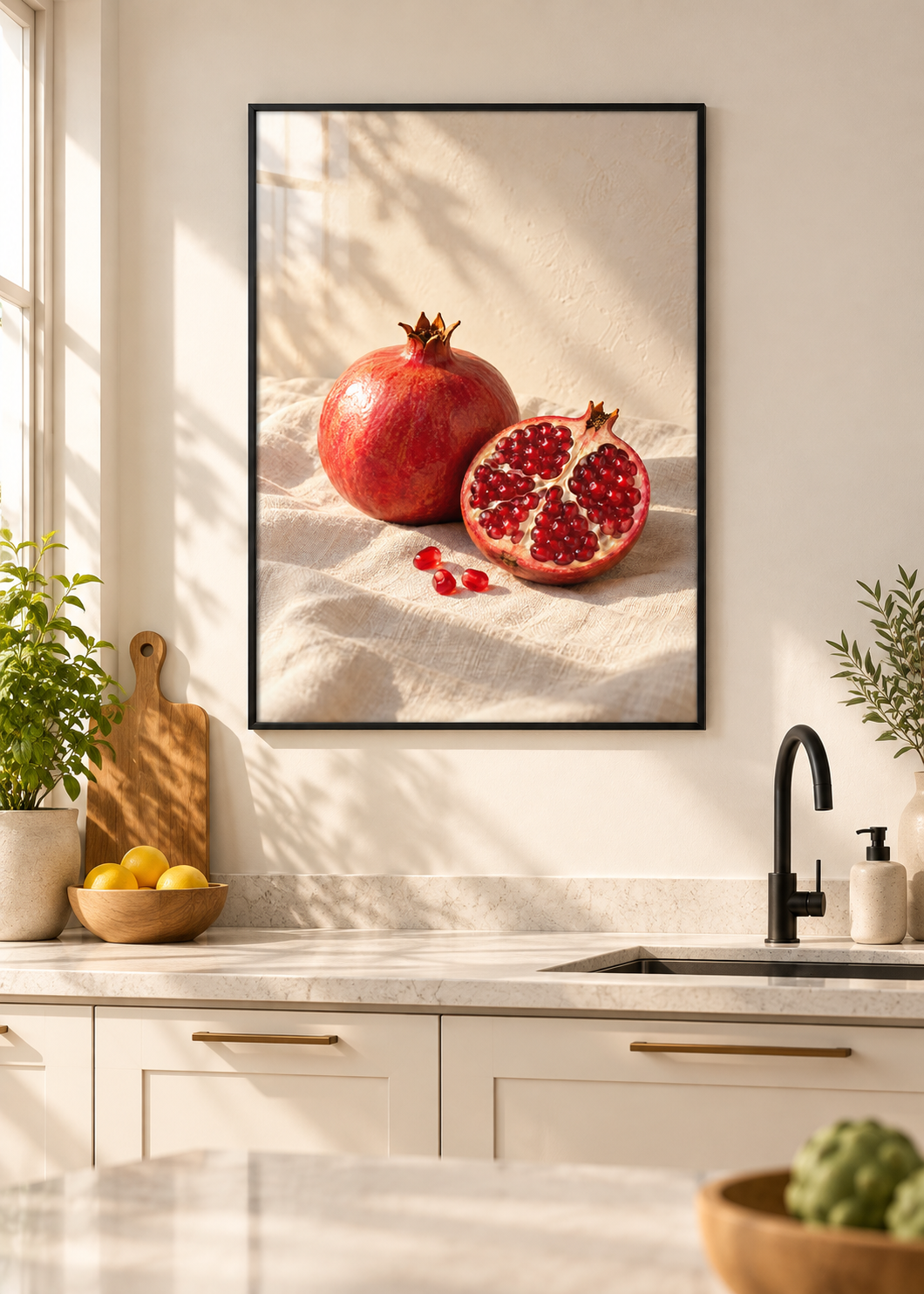 Granatapfel im Licht – Poster mit schwarzem Rahmen und Glas in moderner Küche