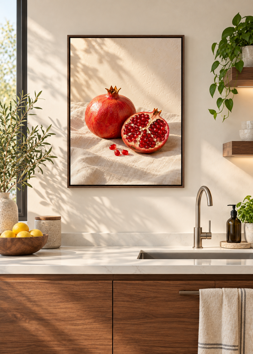 Granatapfel im Licht – Leinwand mit braunem Schattenfugenrahmen in moderner Küche