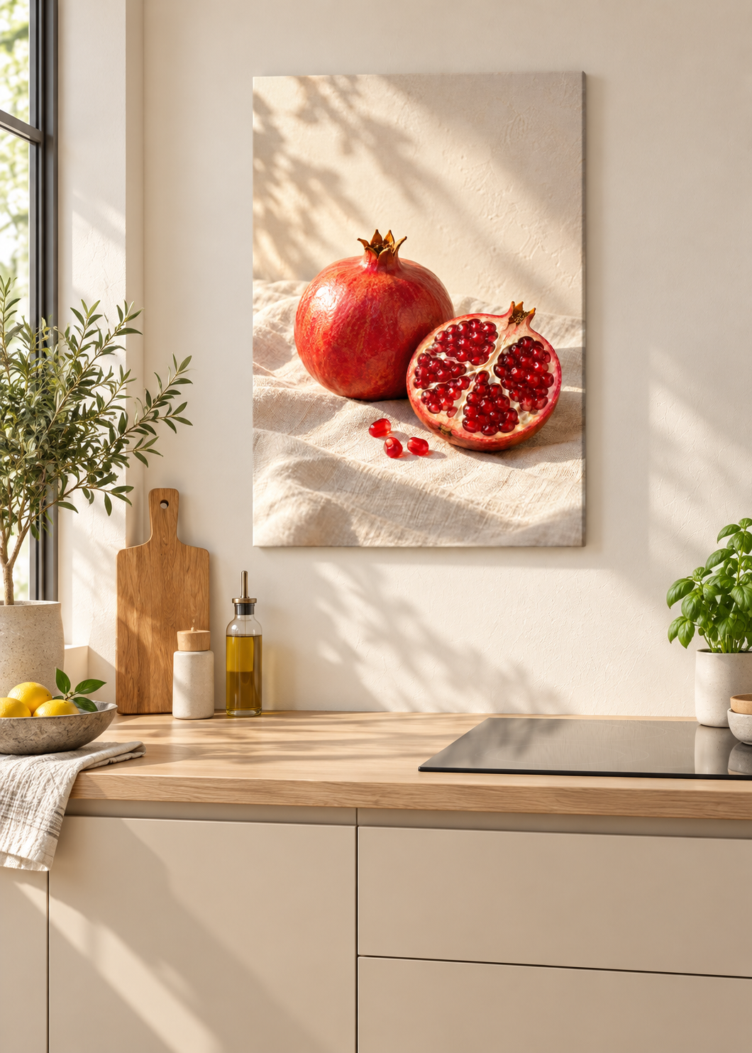 Granatapfel im Licht – Ungerahmte matte Leinwand Slim in moderner Küche