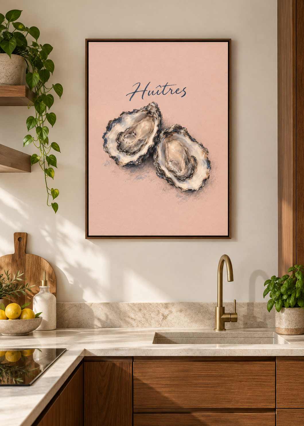 Huîtres – Leinwand mit braunem Schattenfugenrahmen in moderner Küche