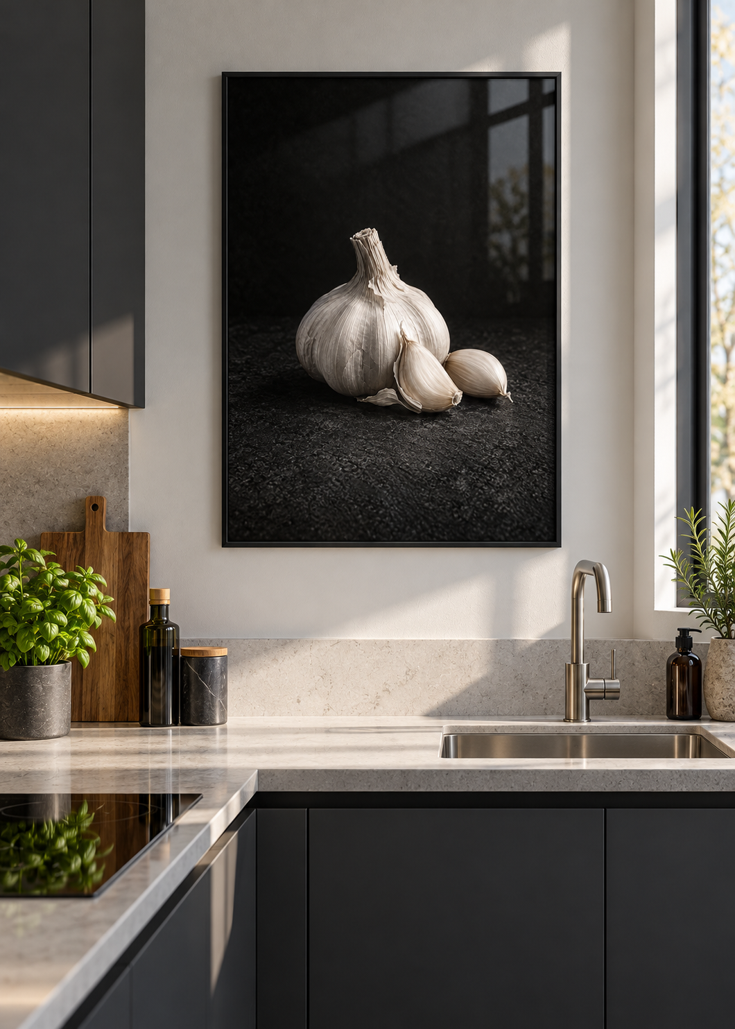 Knoblauch – Poster mit schwarzem Rahmen und Glas in moderner Küche