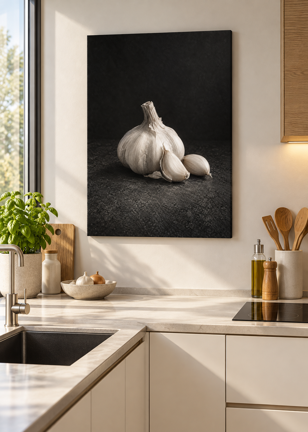 Knoblauch – Ungerahmte matte Leinwand Slim in moderner Küche