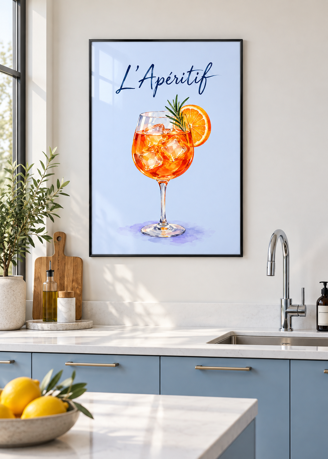 L’Apéritif – Poster mit schwarzem Rahmen und Glas in moderner Küche