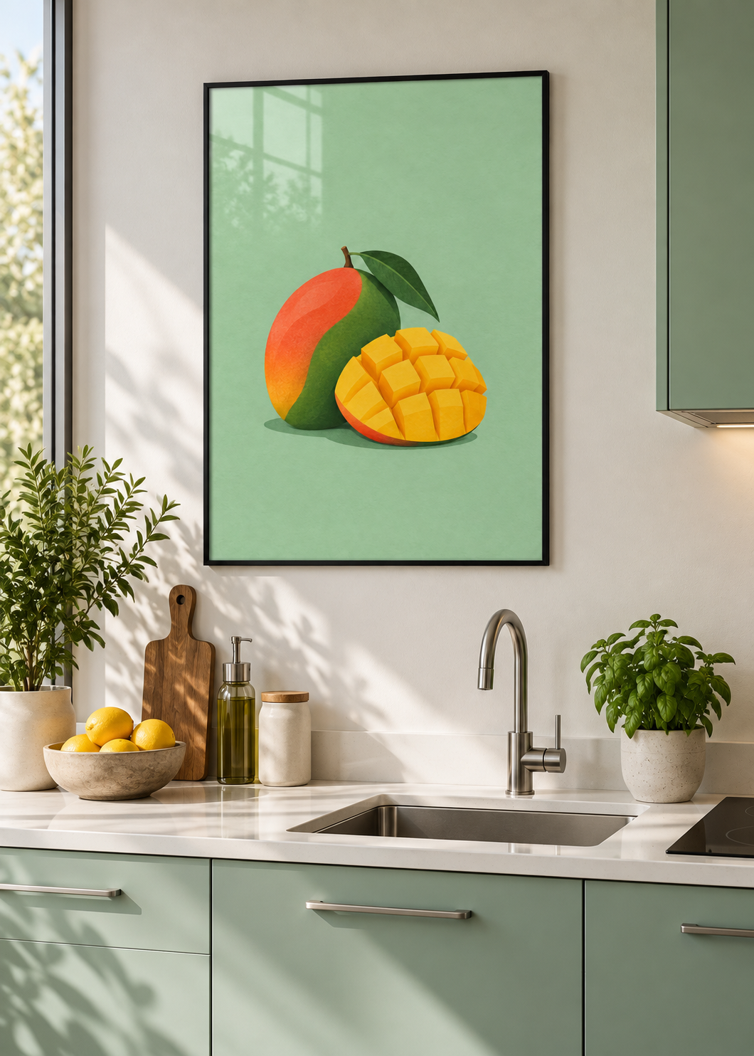 Mango – Poster mit schwarzem Rahmen und Glas in moderner Küche