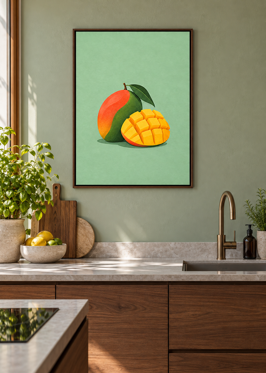 Mango – Leinwand mit braunem Schattenfugenrahmen in moderner Küche