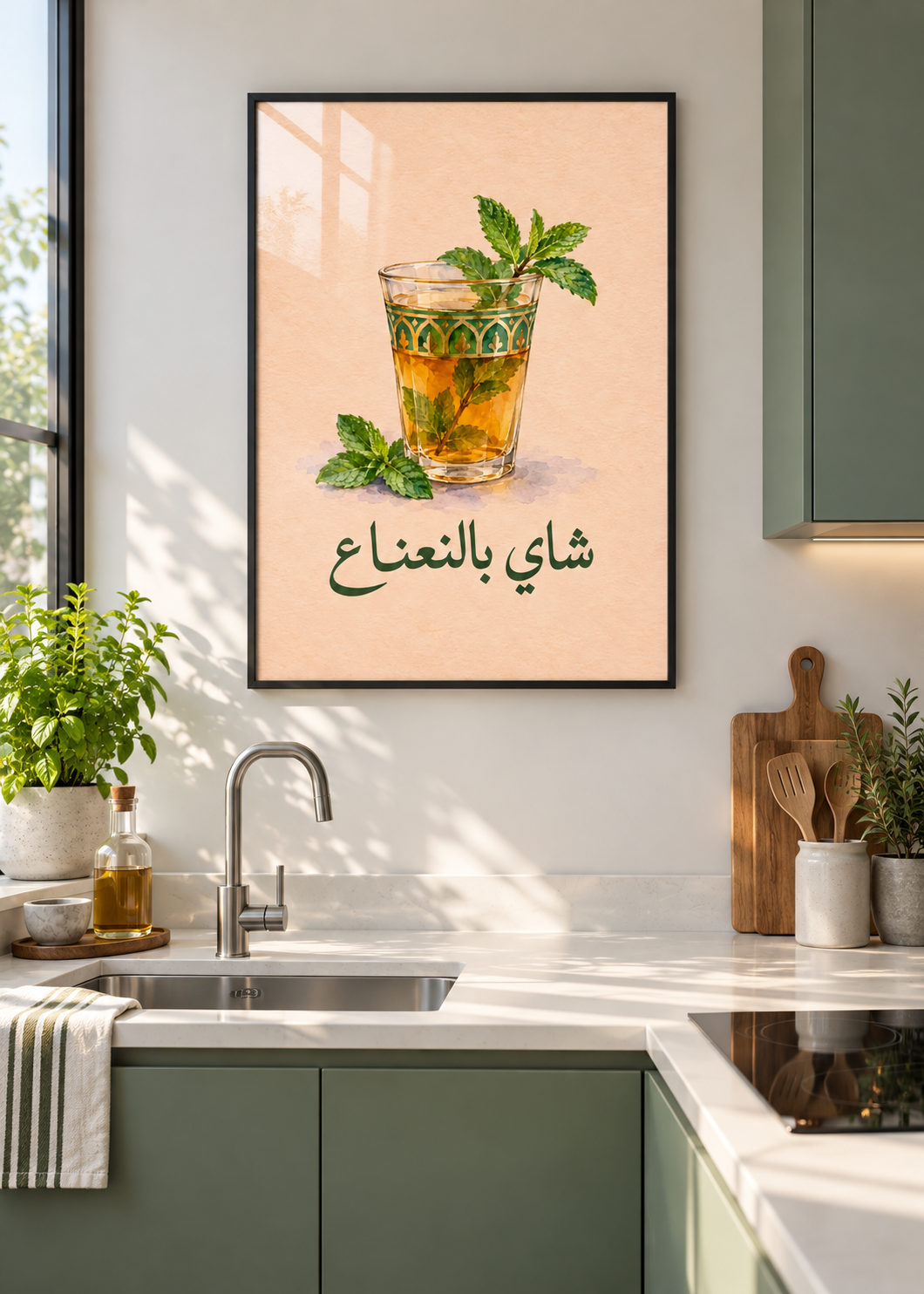 Marokkanischer Minztee – Poster mit schwarzem Rahmen und Glas in moderner Küche