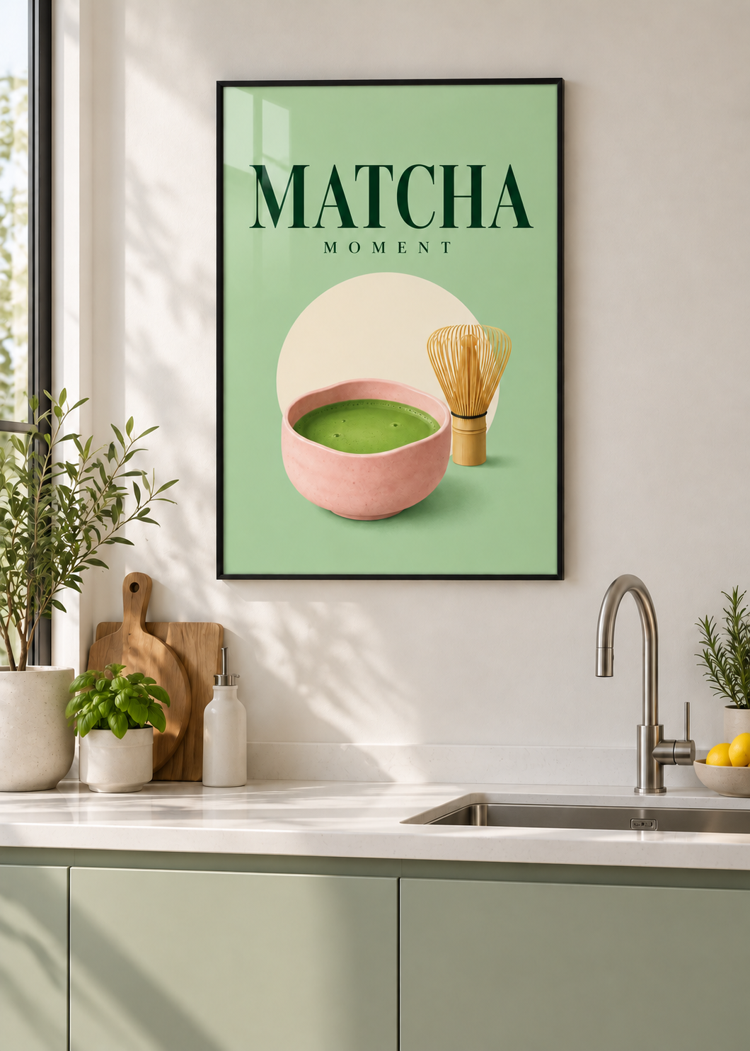 Matcha Moment – Poster mit schwarzem Rahmen und Glas in moderner Küche