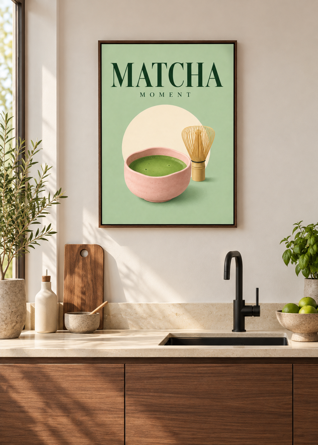 Matcha Moment – Leinwand mit braunem Schattenfugenrahmen in moderner Küche